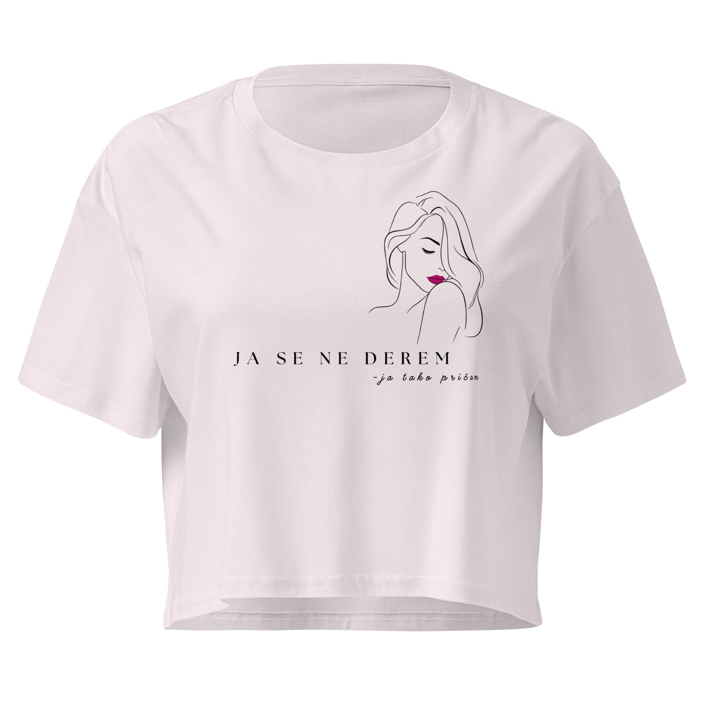Women’s crop top - ja se ne derem, ja tako pričam in orchid, front view, NASHE Balkan crop top