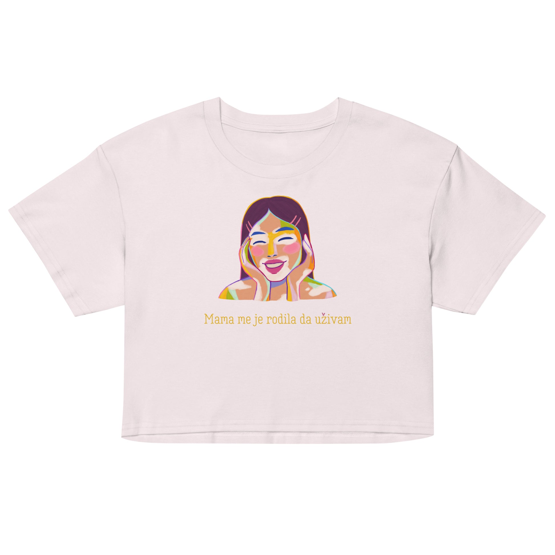 Women’s crop top - Mama me je rodila, da uživam in orchid, front view, NASHE Balkan crop top