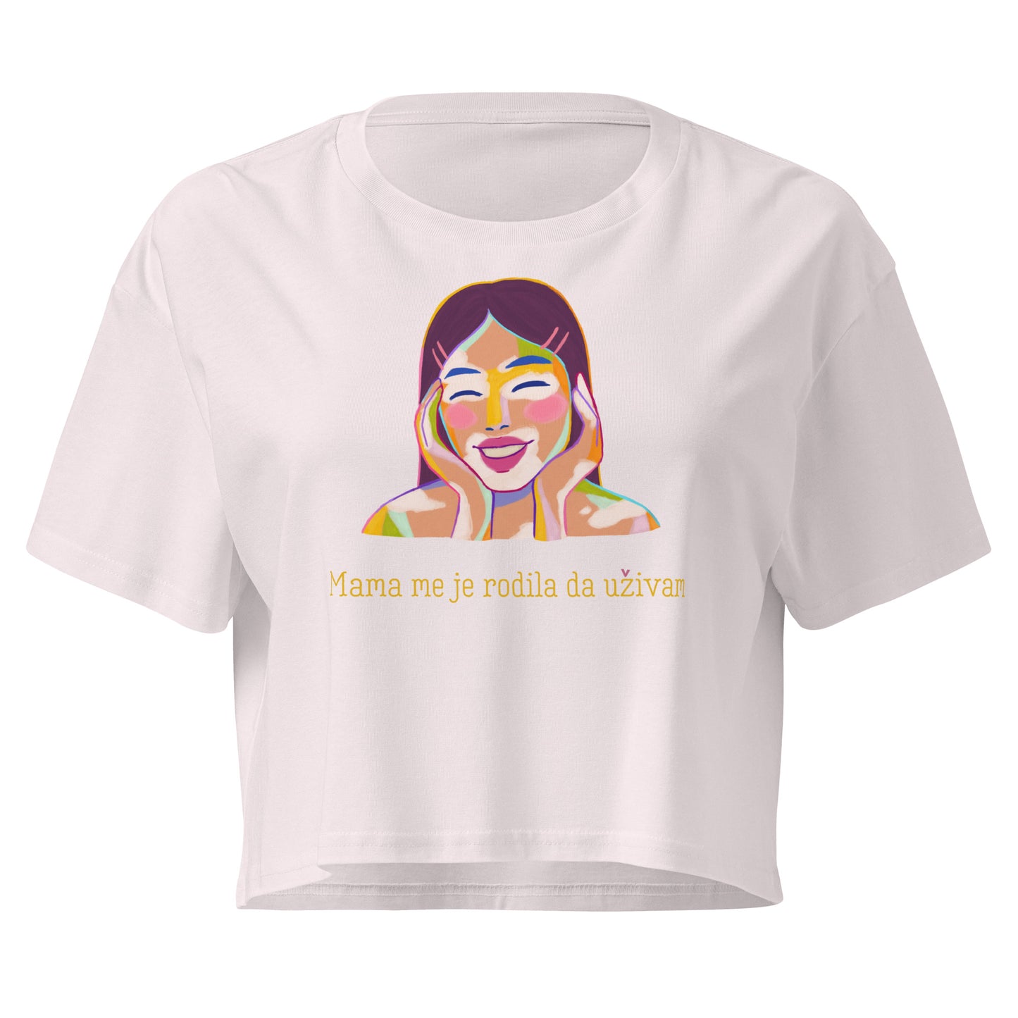 Women’s crop top - Mama me je rodila, da uživam in orchid, front view, NASHE Balkan crop top