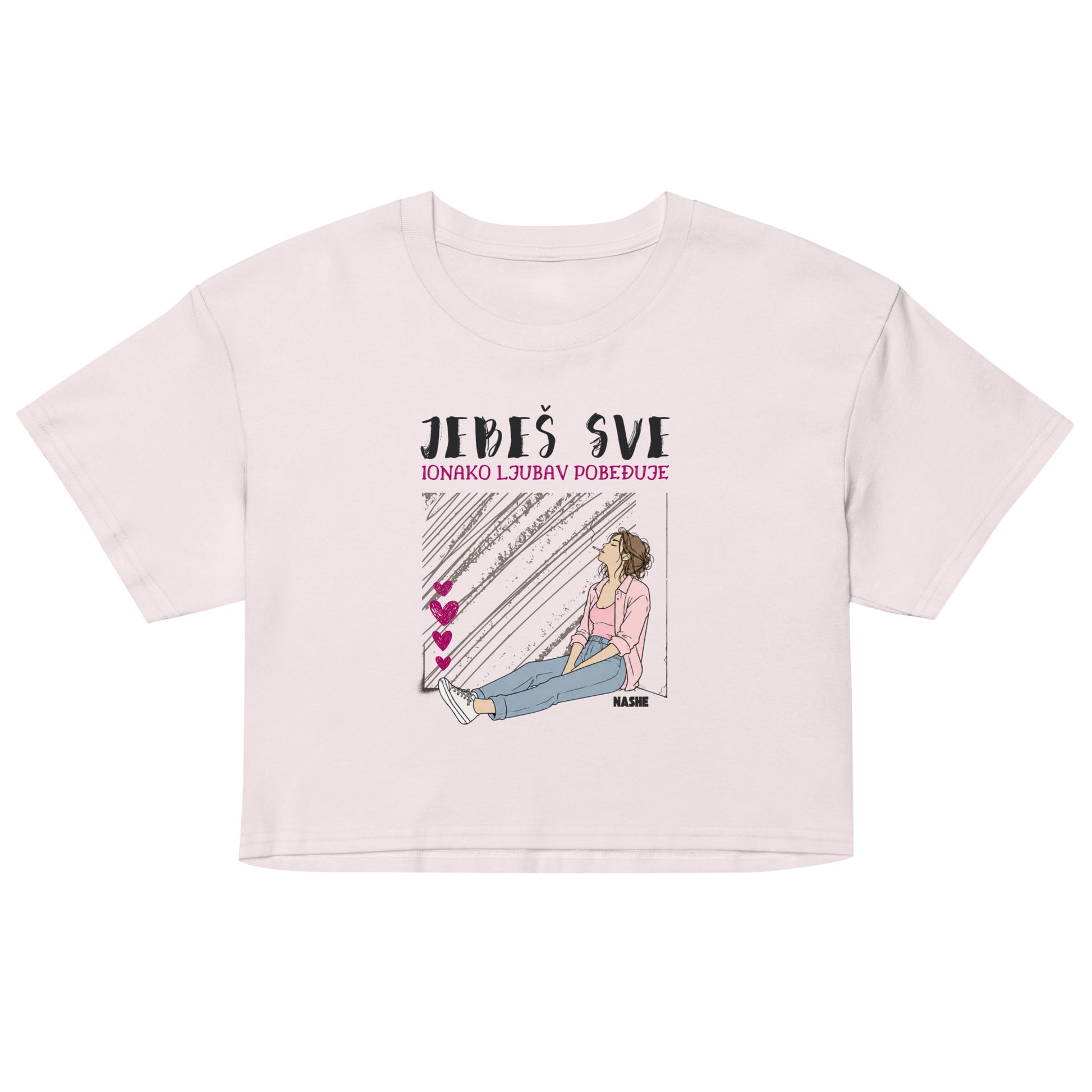 Women’s crop top - Jebeš sve, ionako ljubav pobeđuje. in orchid, front view, NASHE Balkan crop top