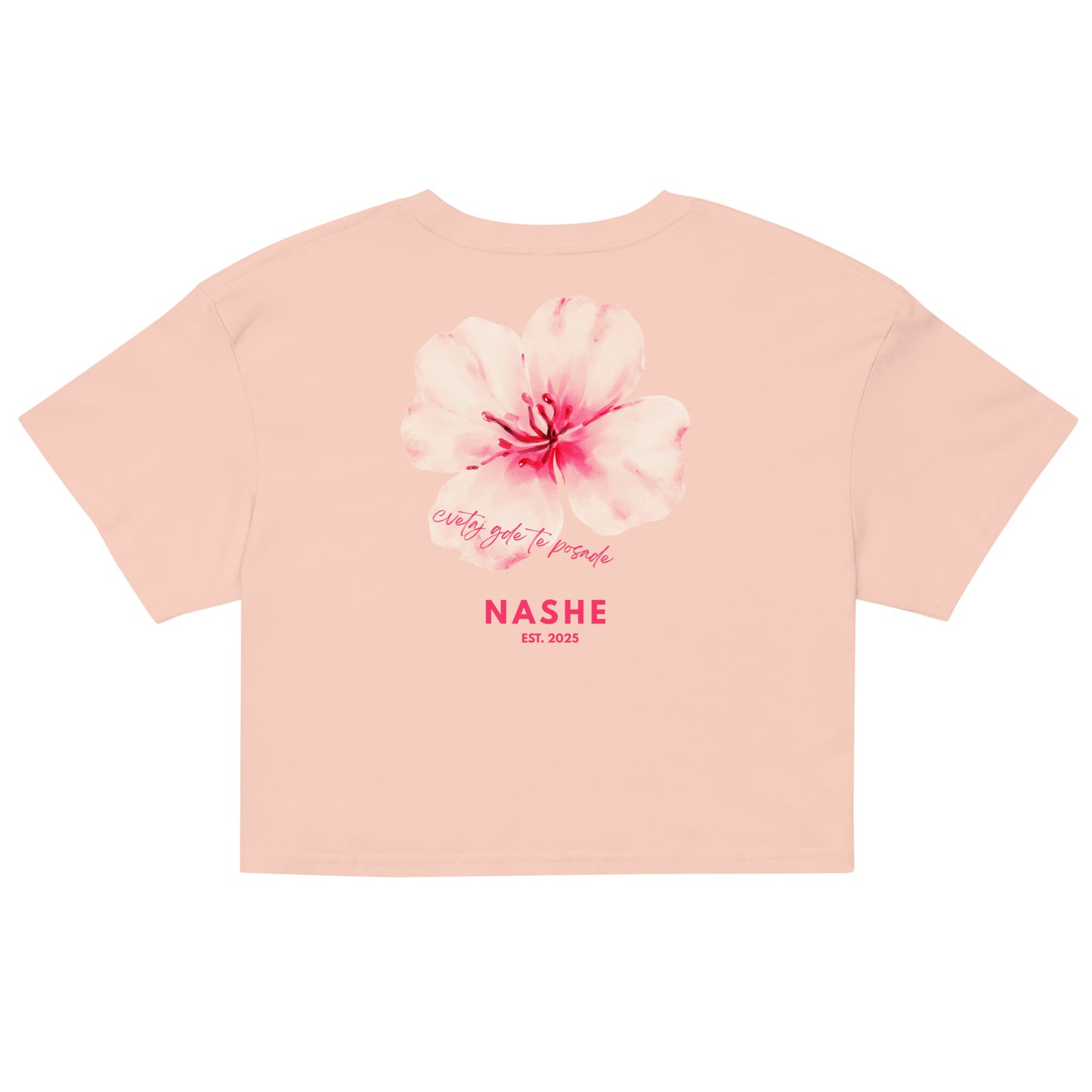 Women’s crop top - cvetaj gde te posade in pale pink, back view, NASHE Balkan crop top