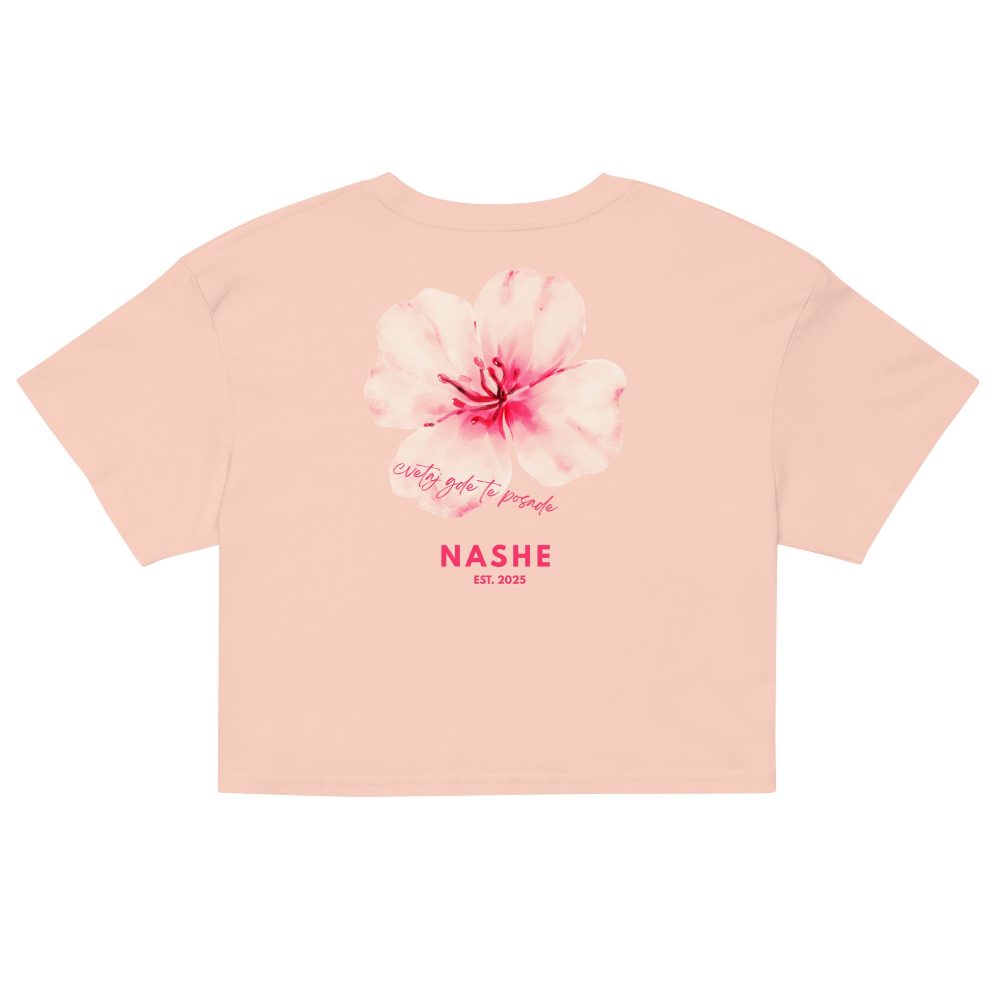 Women’s crop top - cvetaj gde te posade in pale pink, back view, NASHE Balkan crop top