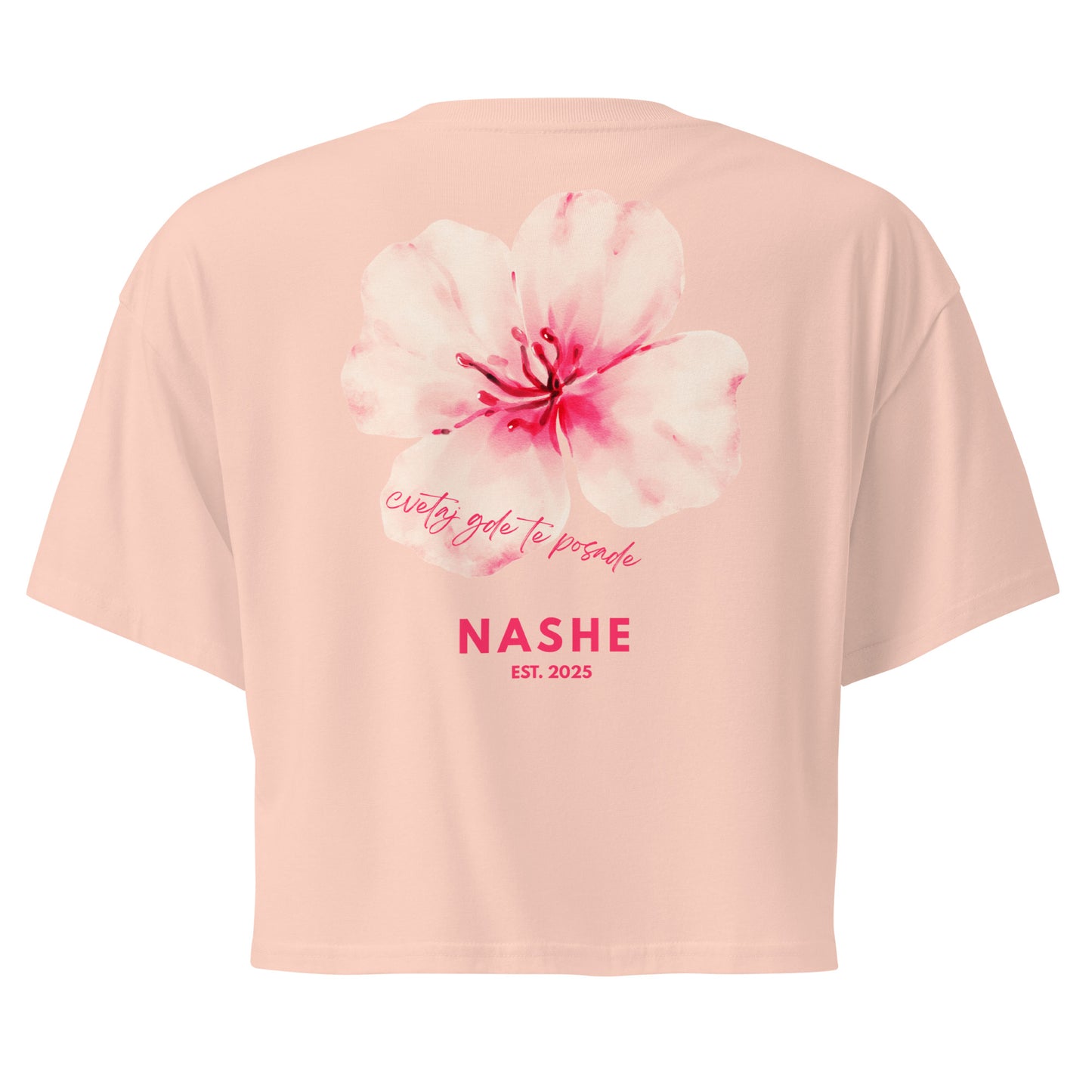 Women’s crop top - cvetaj gde te posade in pale pink, back view, NASHE Balkan crop top