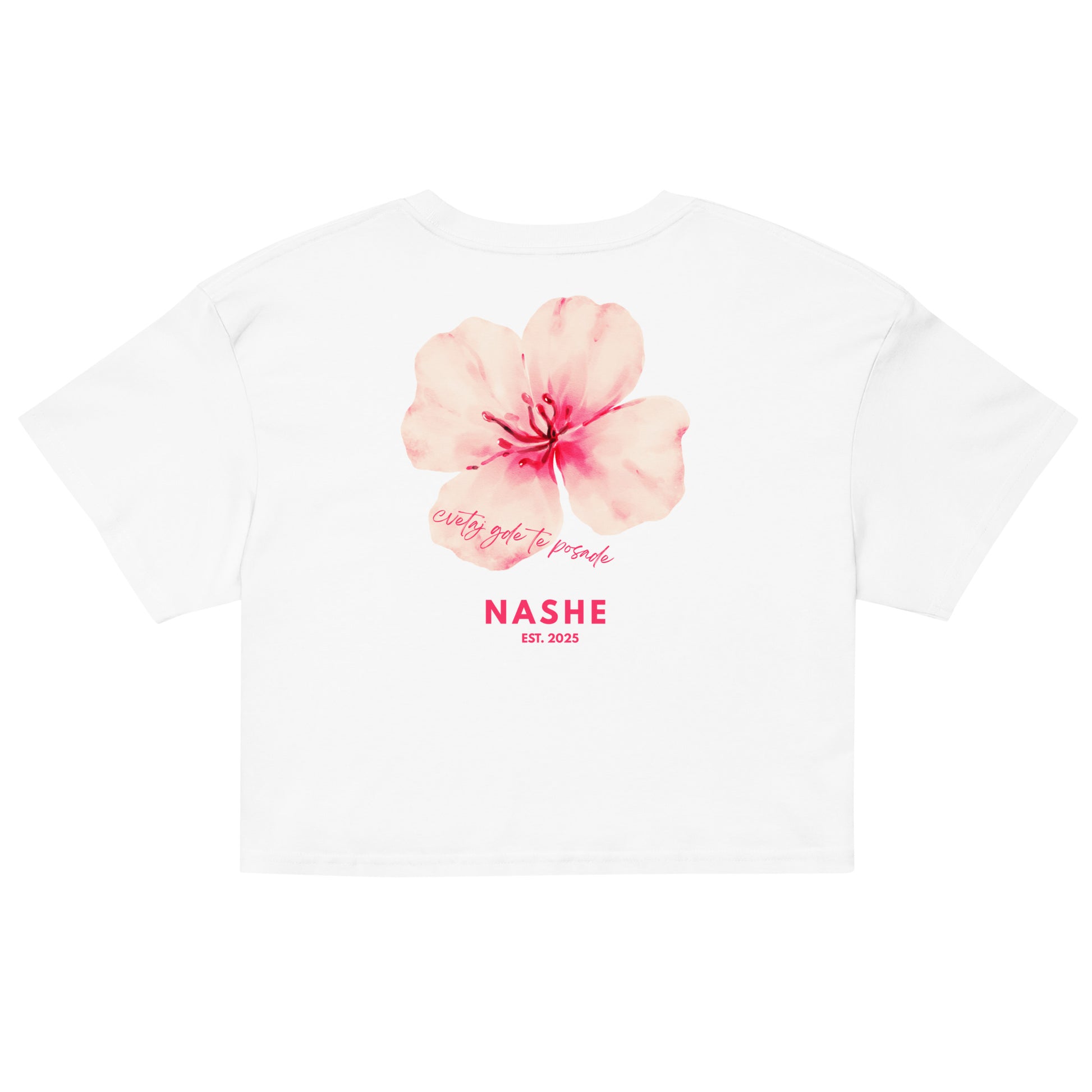 Women’s crop top - cvetaj gde te posade in white, back view, NASHE Balkan crop top