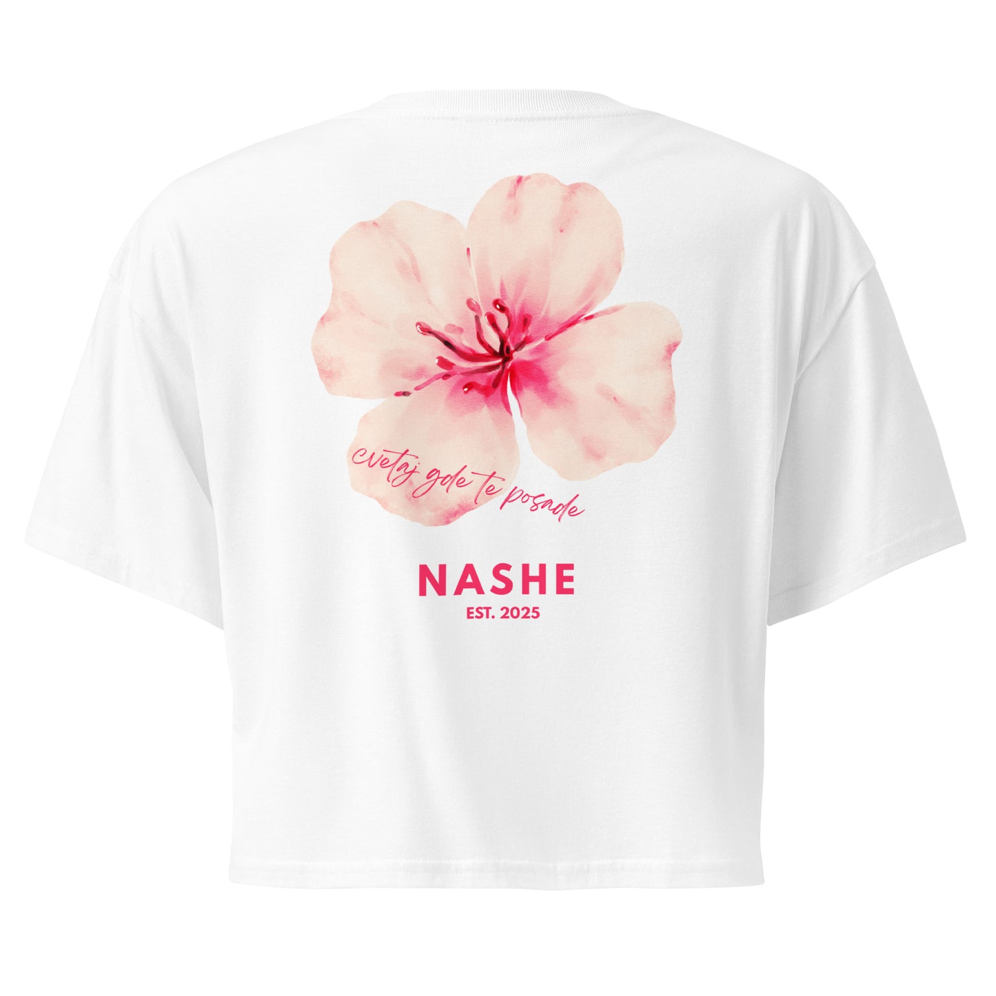 Women’s crop top - cvetaj gde te posade in white, back view, NASHE Balkan crop top