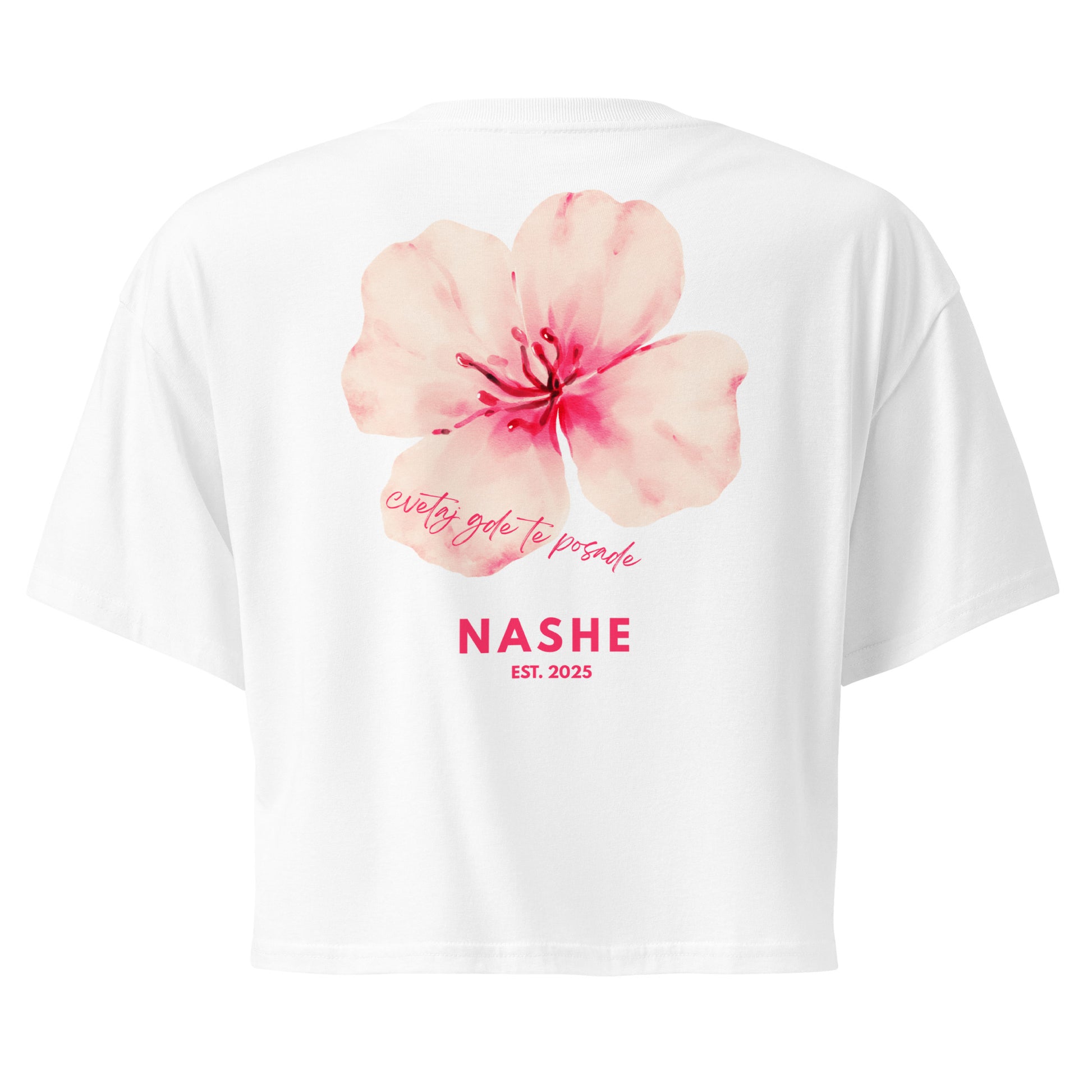 Women’s crop top - cvetaj gde te posade in white, back view, NASHE Balkan crop top