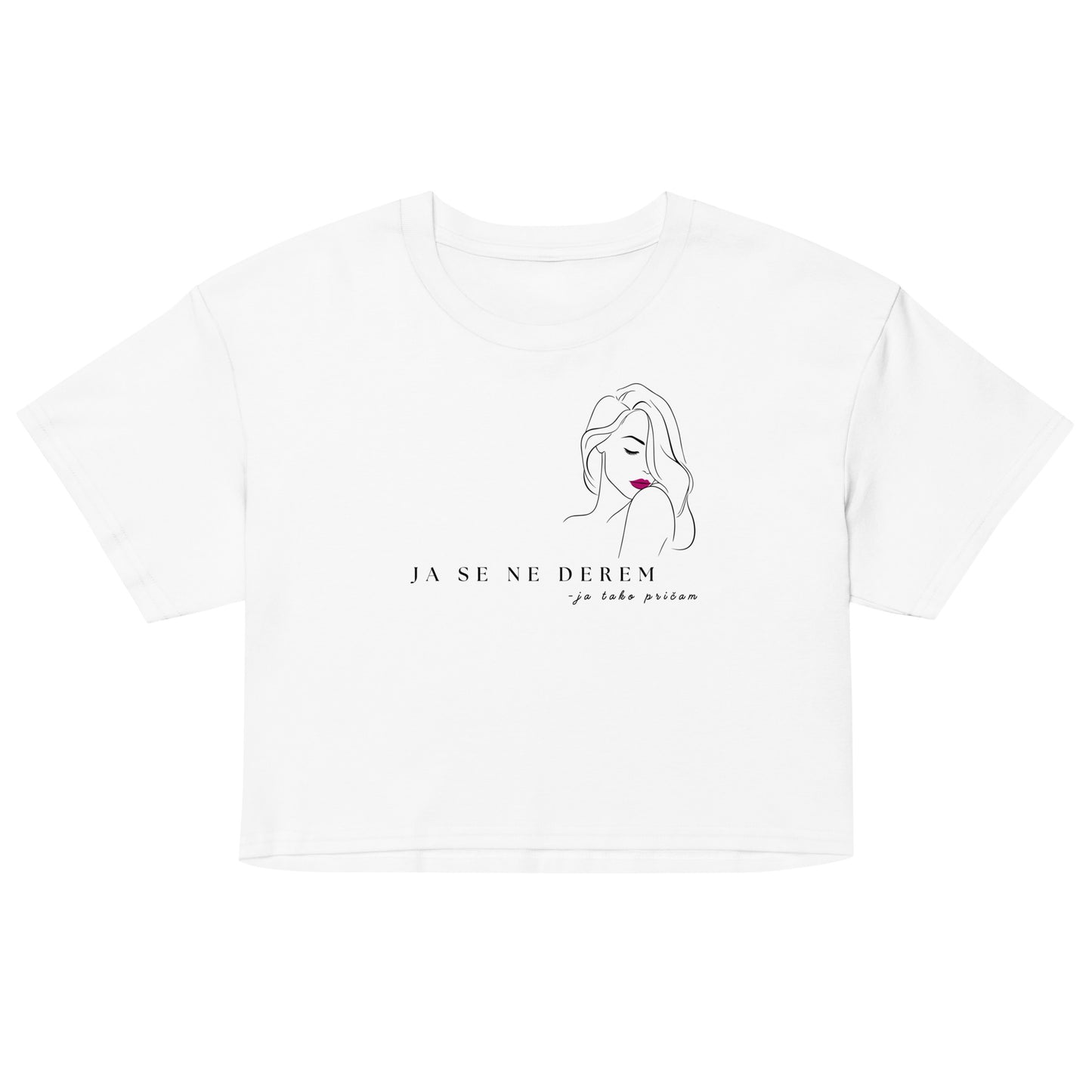 Women’s crop top - ja se ne derem, ja tako pričam in white, front view, NASHE Balkan crop top
