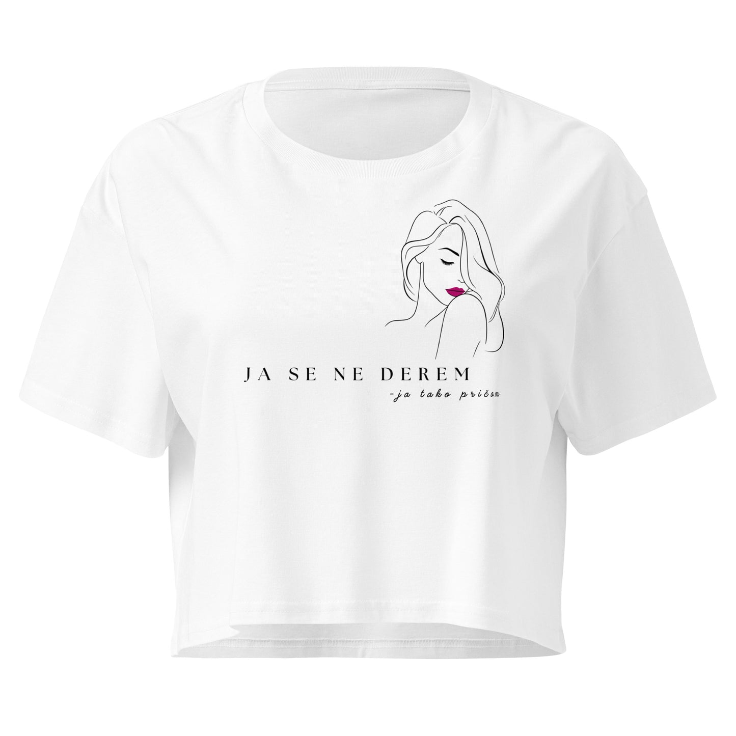 Women’s crop top - ja se ne derem, ja tako pričam in white, front view, NASHE Balkan crop top