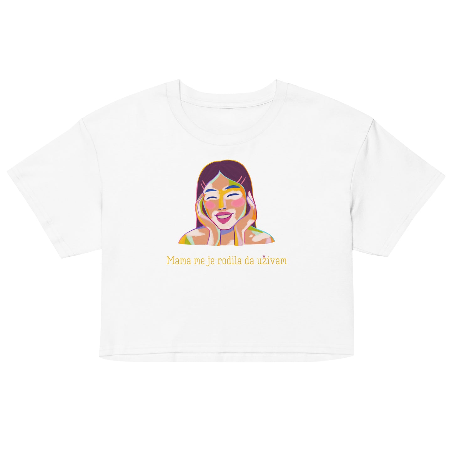 Women’s crop top - Mama me je rodila, da uživam in white, front view, NASHE Balkan crop top