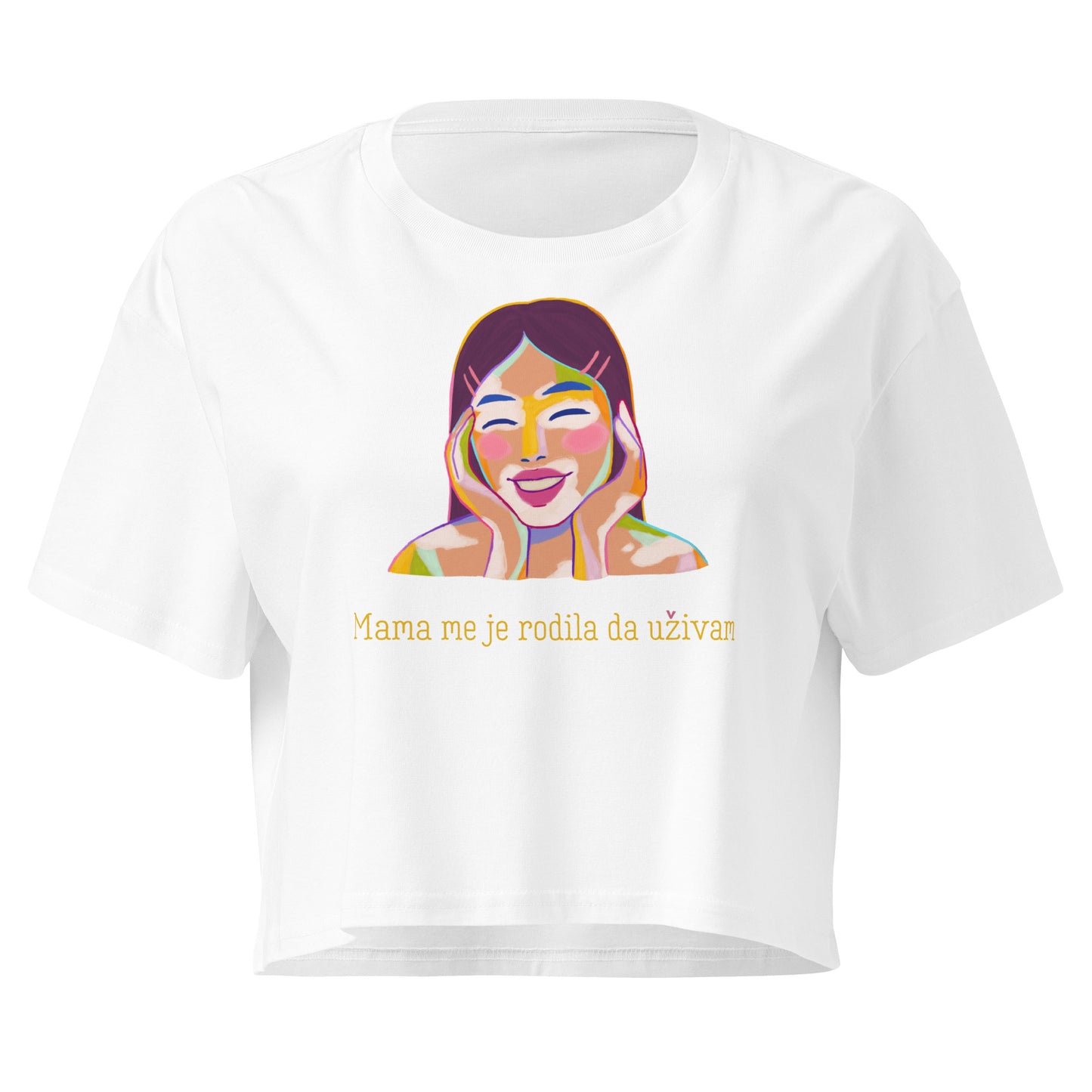 Women’s crop top - Mama me je rodila, da uživam in white, front view, NASHE Balkan crop top