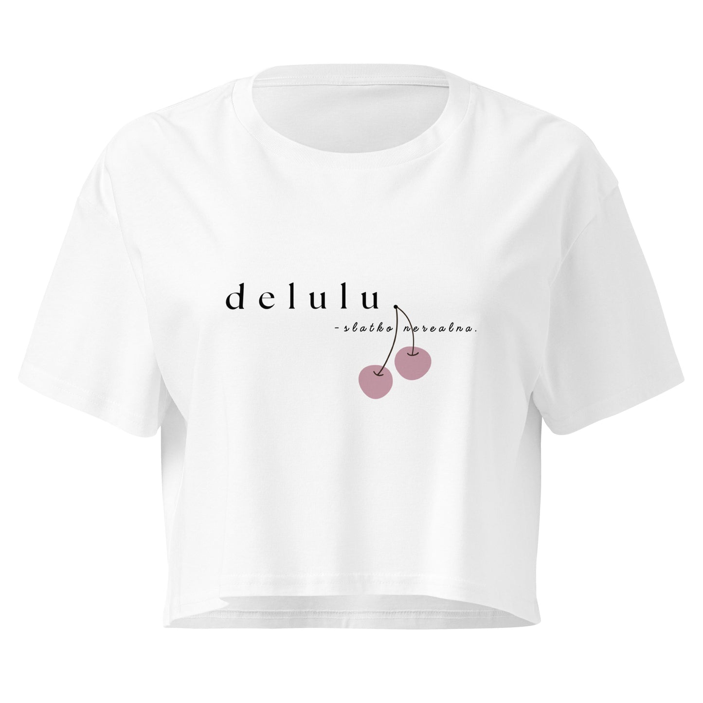 Women’s crop top - delulu in white, front view, NASHE Balkan crop top