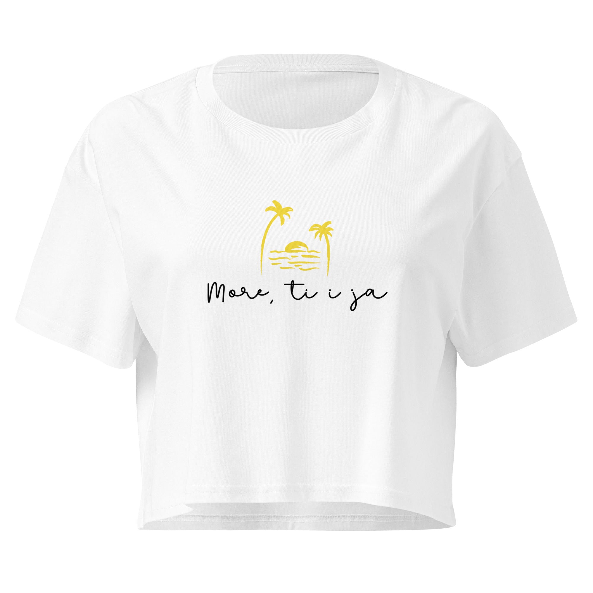 Women’s crop top - More, ti i ja in white, front view, NASHE Balkan crop top