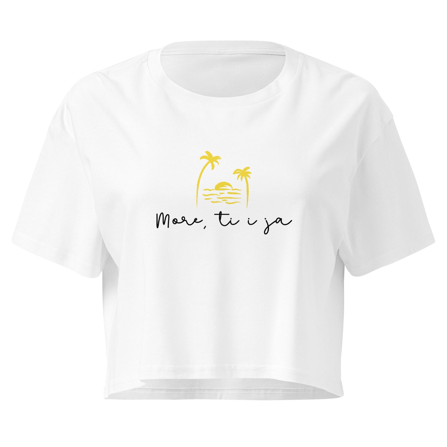 Women’s crop top - More, ti i ja in white, front view, NASHE Balkan crop top