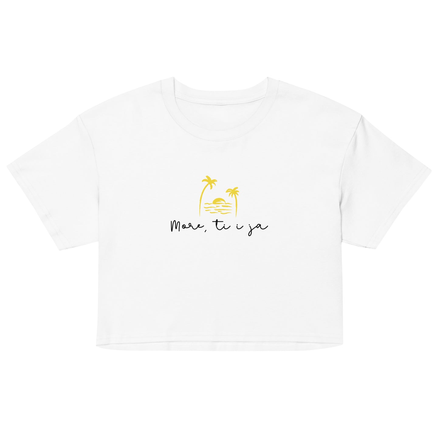 Women’s crop top - More, ti i ja in white, front view, NASHE Balkan crop top