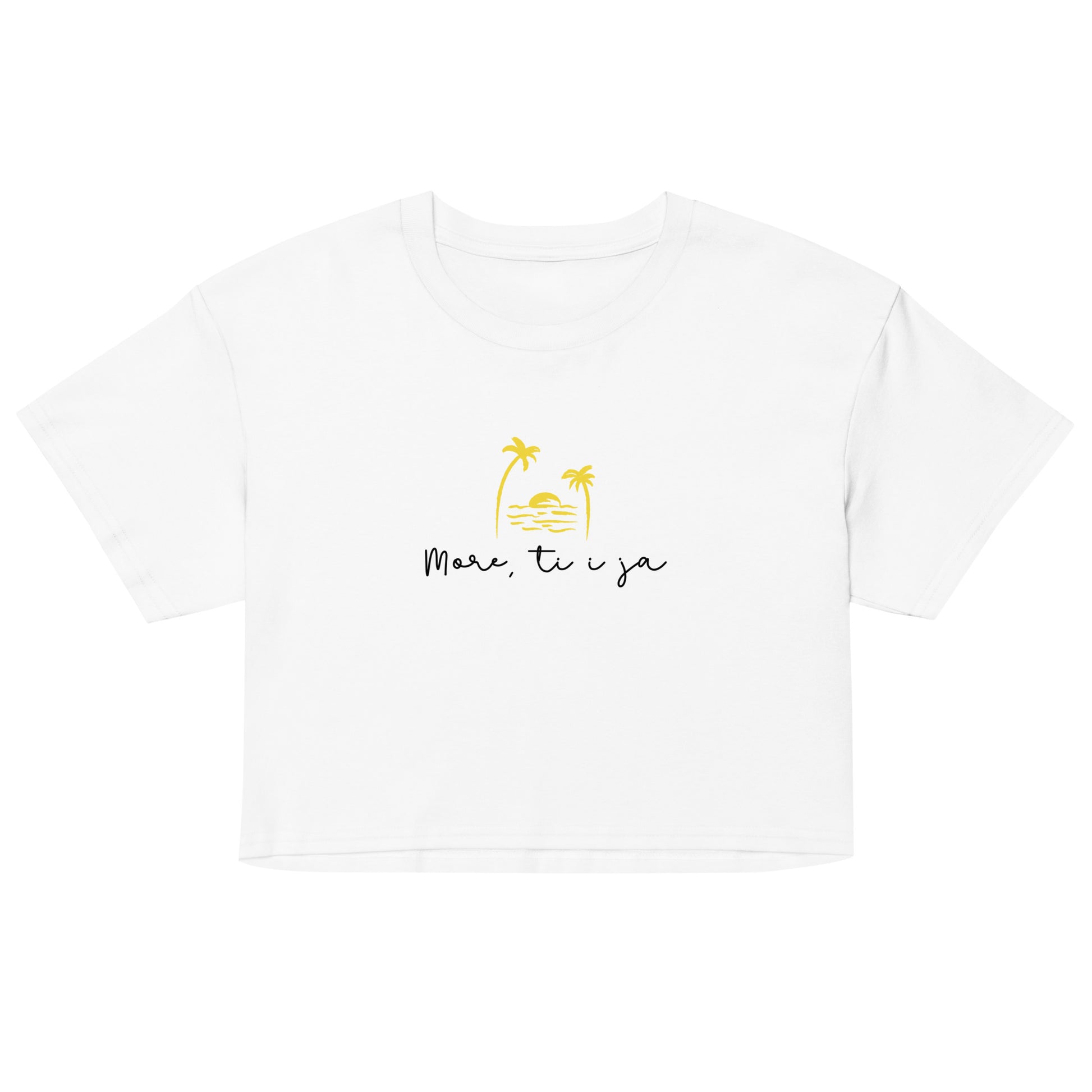 Women’s crop top - More, ti i ja in white, front view, NASHE Balkan crop top
