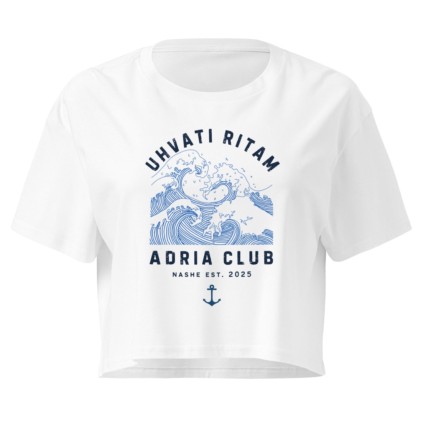 Women’s crop top - uhvati ritam in white, front view, NASHE Balkan crop top