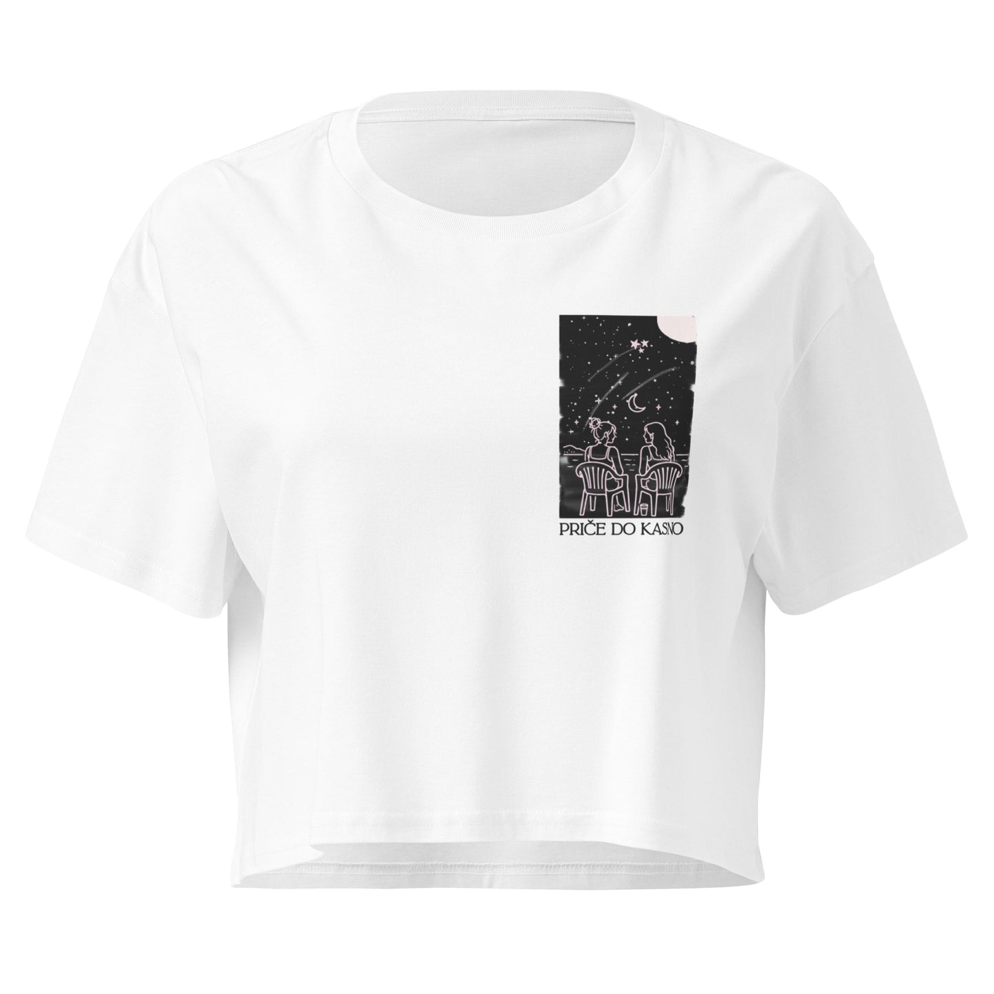 Women’s crop top - Priče do kasno in white, front view, NASHE Balkan crop top