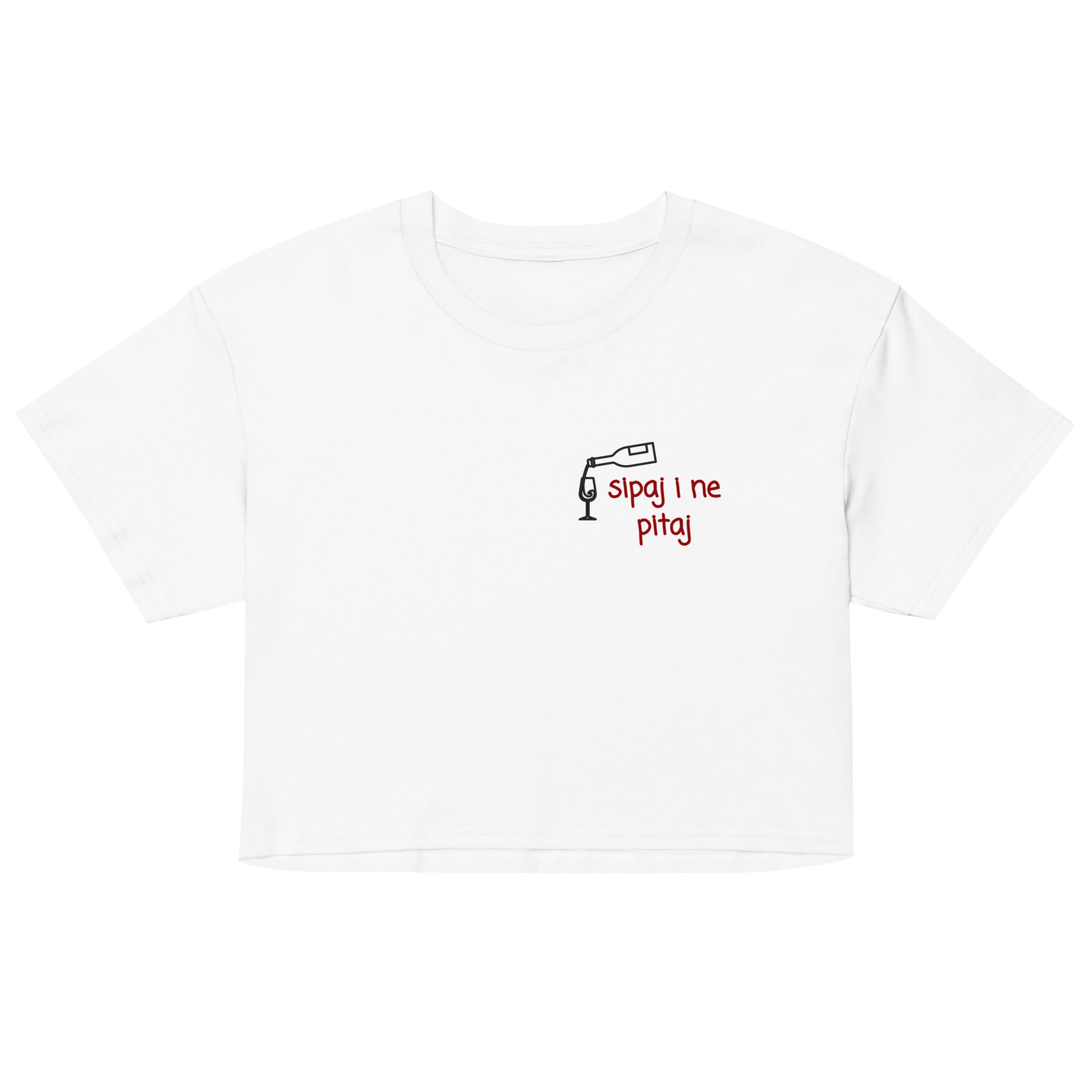 Women’s crop top - Sipaj i ne pitaj in white, front view, NASHE Balkan crop top