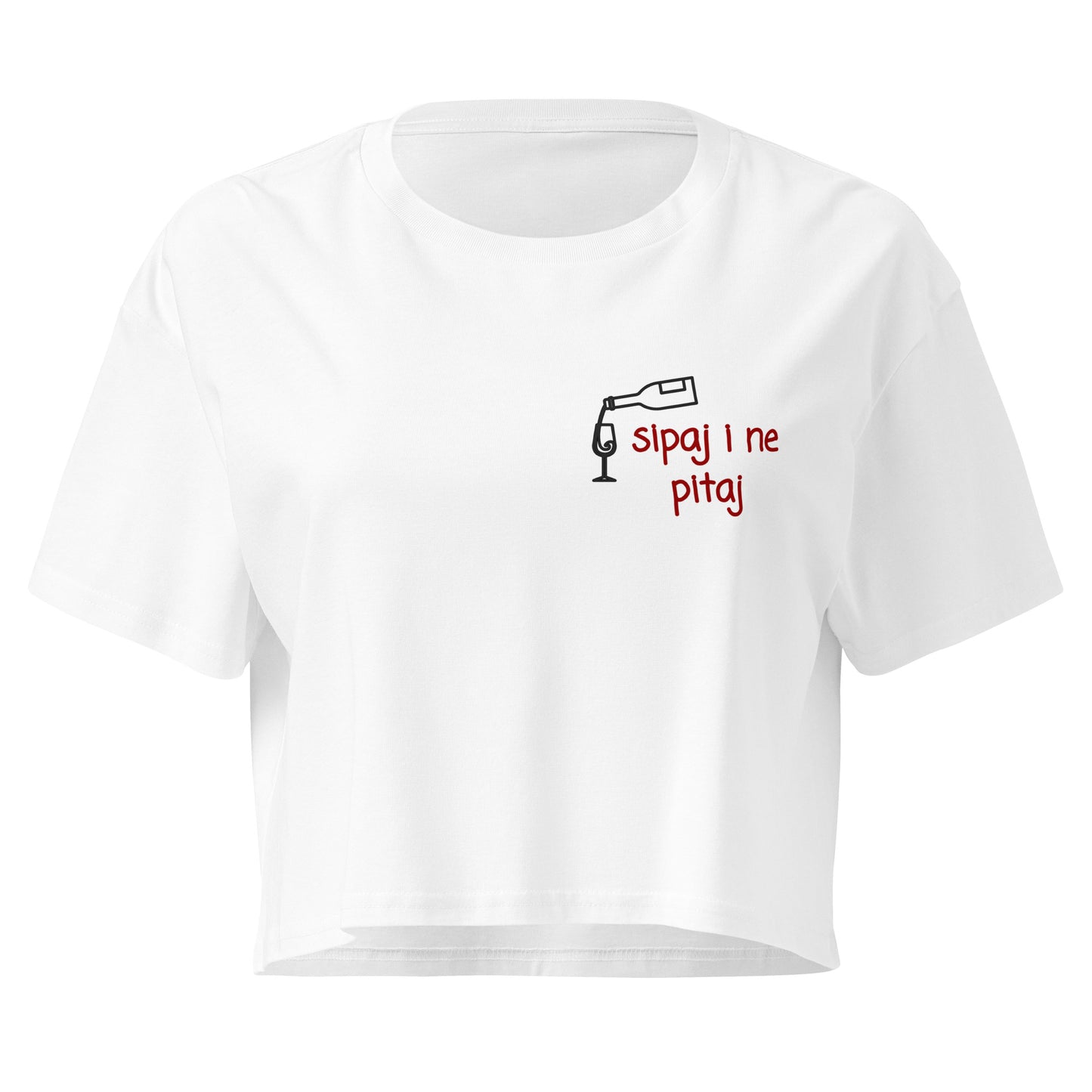 Women’s crop top - Sipaj i ne pitaj in white, front view, NASHE Balkan crop top