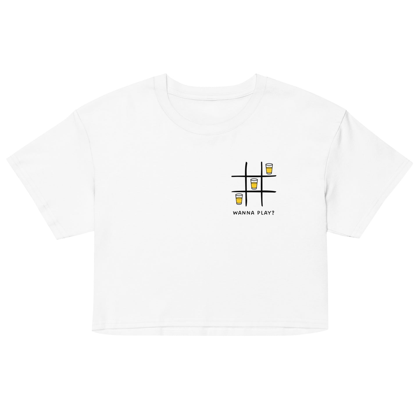 Women’s crop top - wanna play? in white, front view, NASHE Balkan crop top