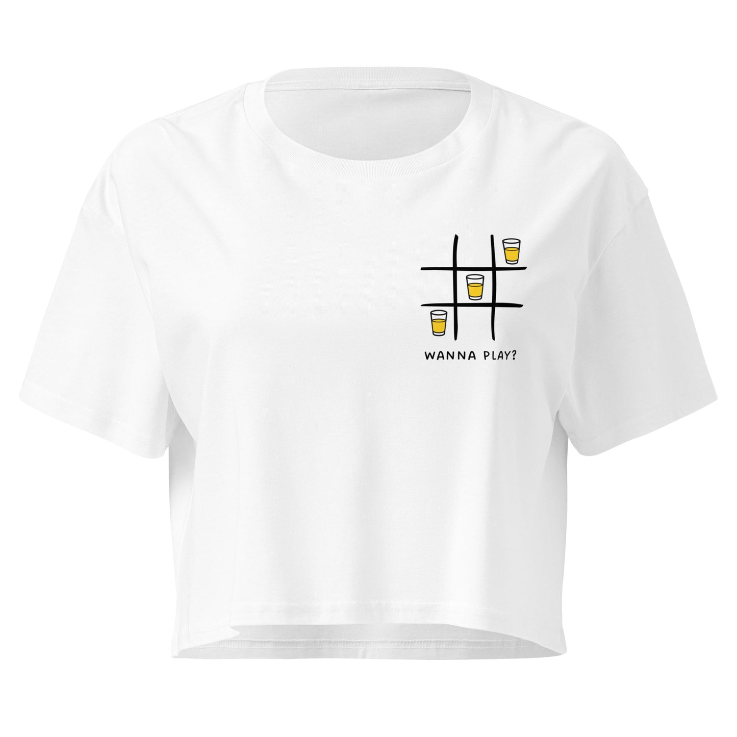 Women’s crop top - wanna play? in white, front view, NASHE Balkan crop top