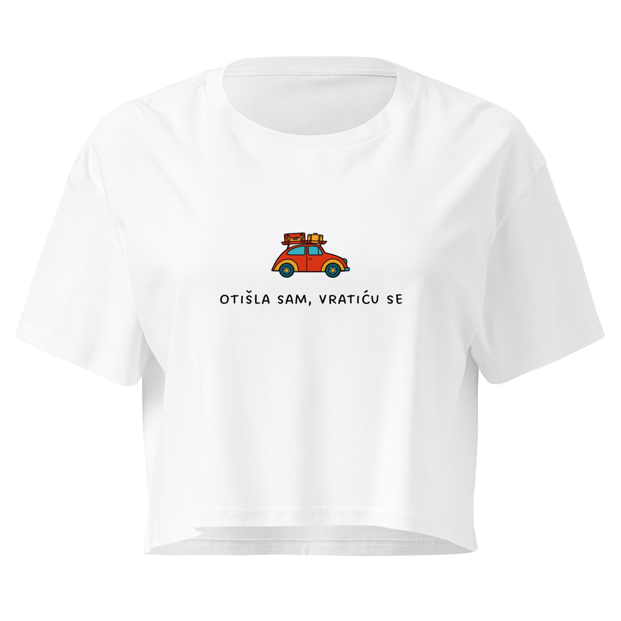 Women’s crop top - Otišla sam, vratiću se in white, front view, NASHE Balkan crop top