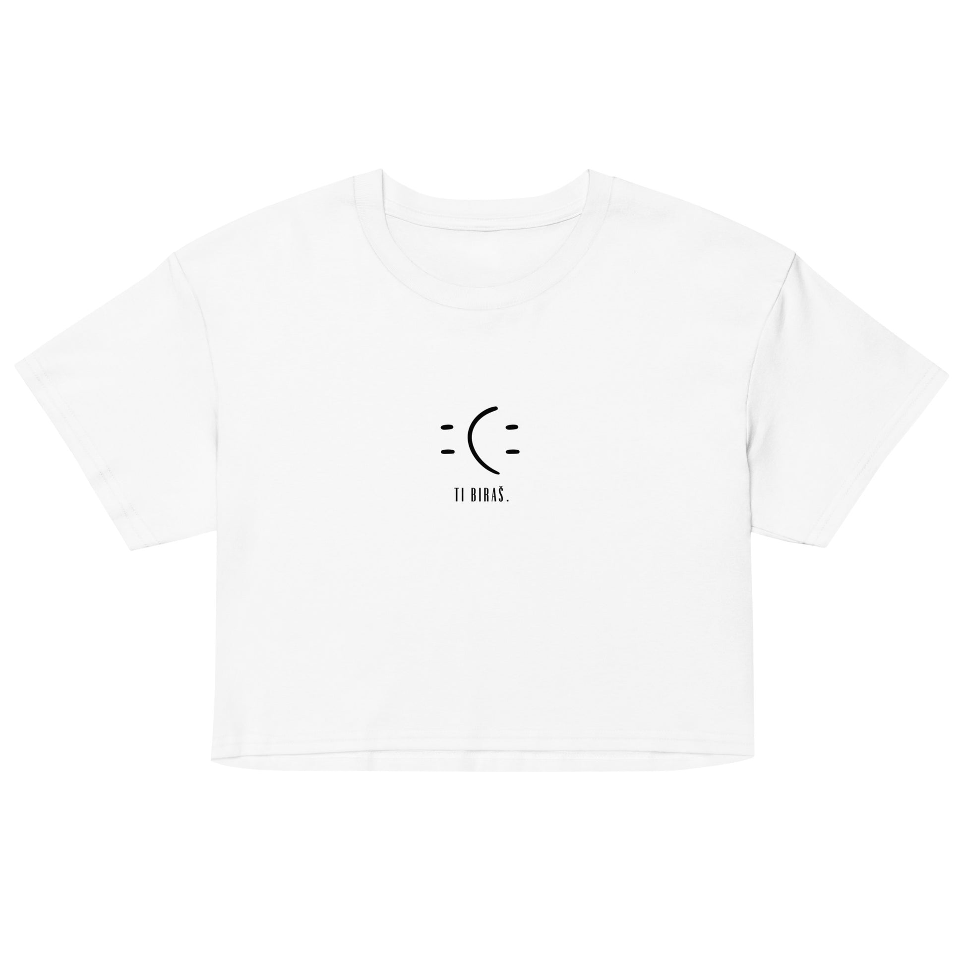 Women’s crop top - Ti biraš. in white, front view, NASHE Balkan crop top