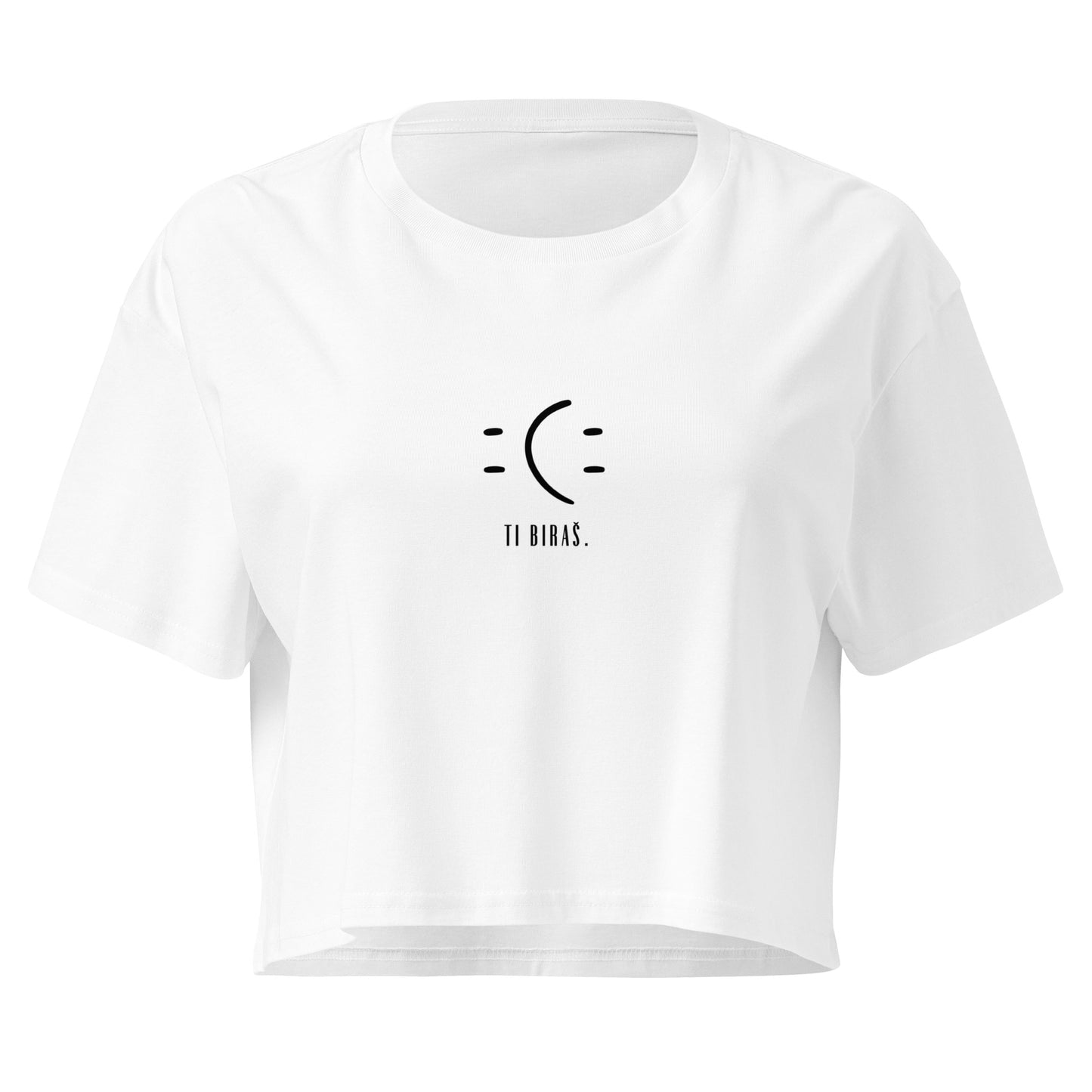 Women’s crop top - Ti biraš. in white, front view, NASHE Balkan crop top