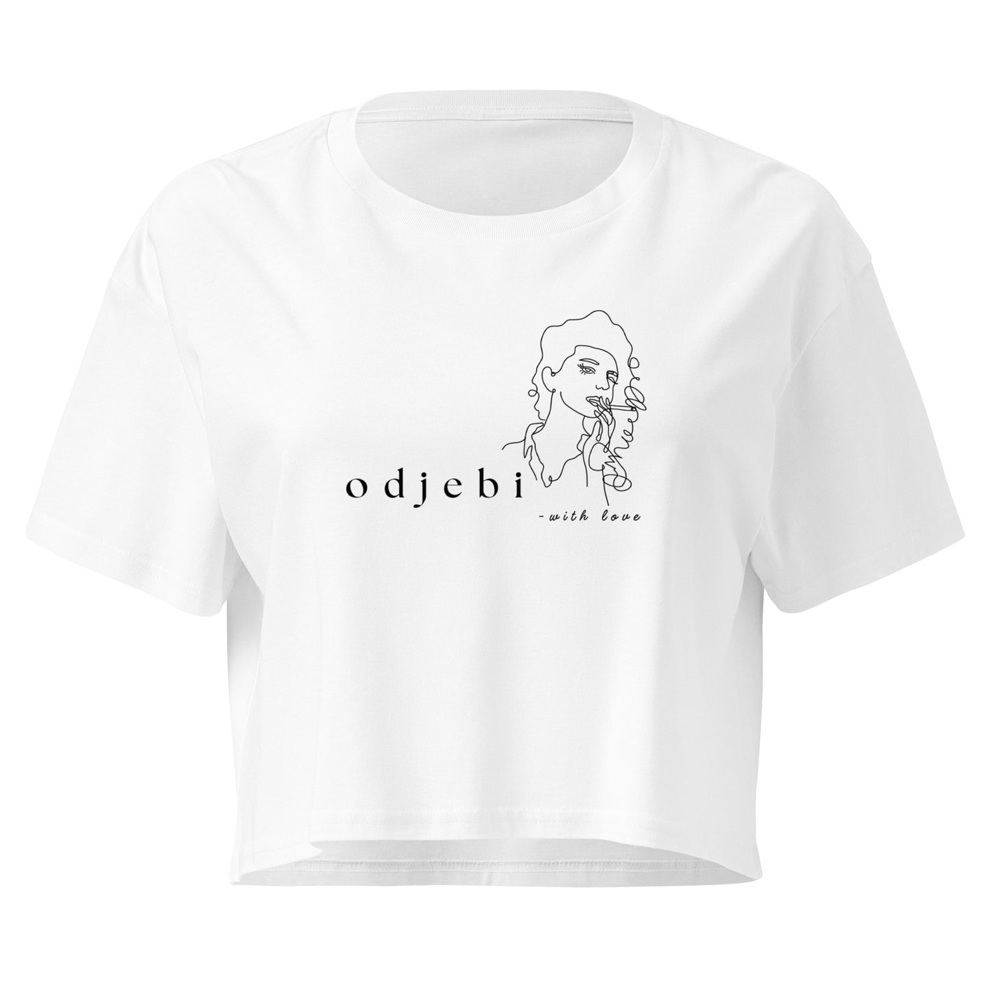 Women’s crop top - odjebi with love in white, front view, NASHE Balkan crop top